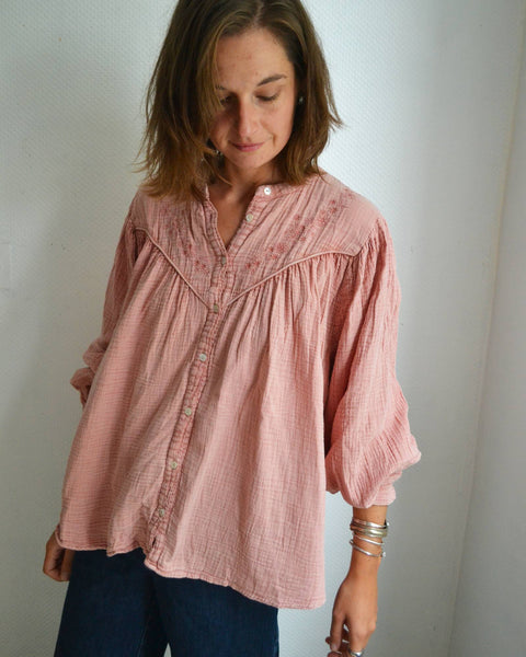 Blouse Rose brodée Gaze de Coton