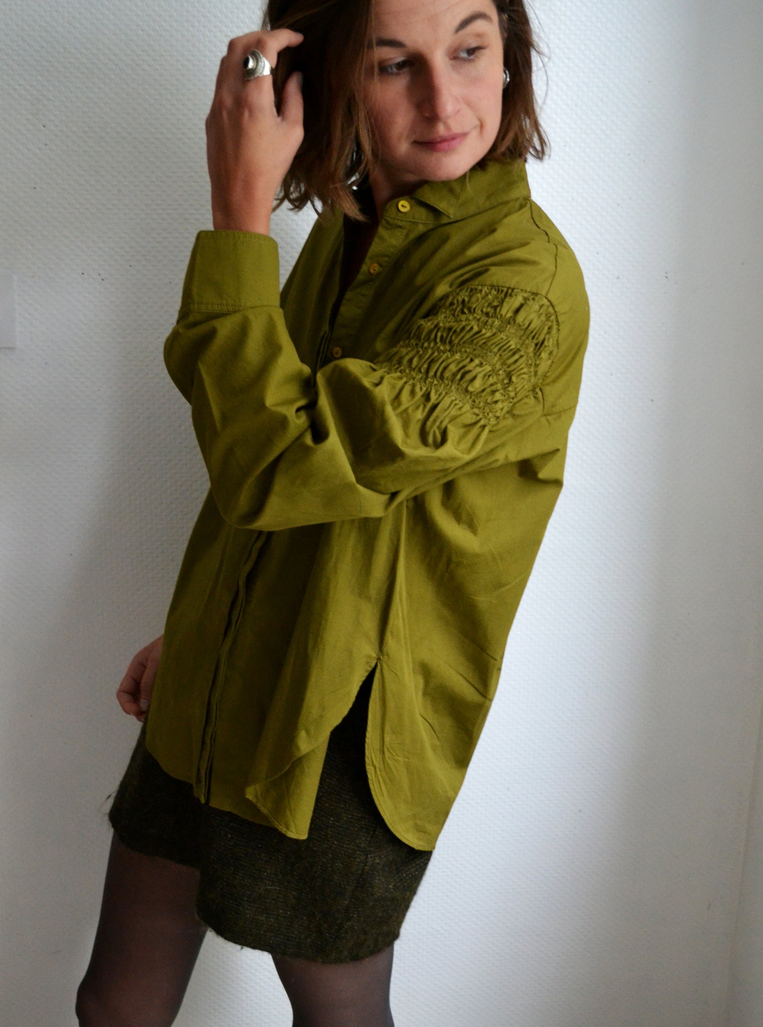 Blouse Manches Ballons gaufrées Kaki