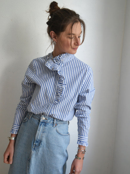 Chemise rayée Col Volanté bleu/blanc