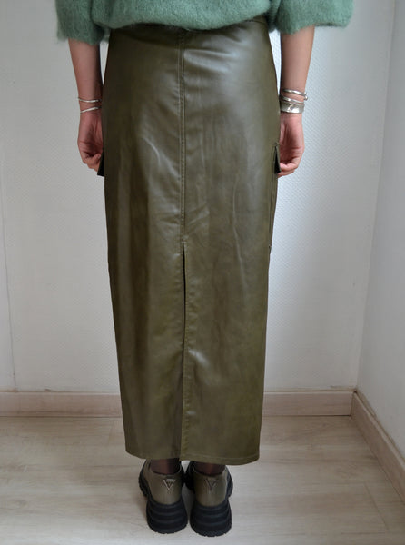 Jupe Longue Simili Cuir Kaki