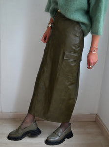 Jupe Longue Simili Cuir Kaki