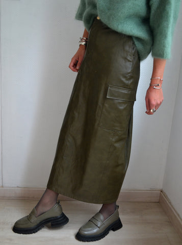 Jupe Longue Simili Cuir Kaki