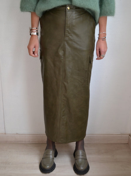 Jupe Longue Simili Cuir Kaki