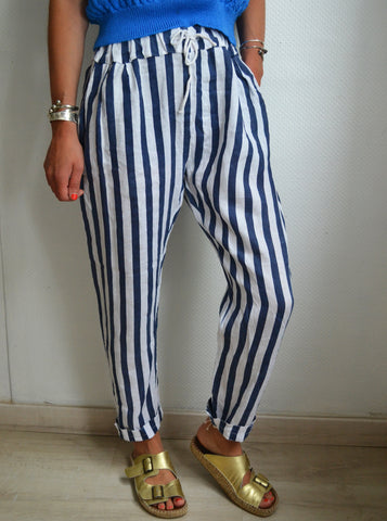 Pantalon Lin Blanc/Bleu