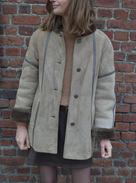 Manteau Peau Lainée Taupe Vintage