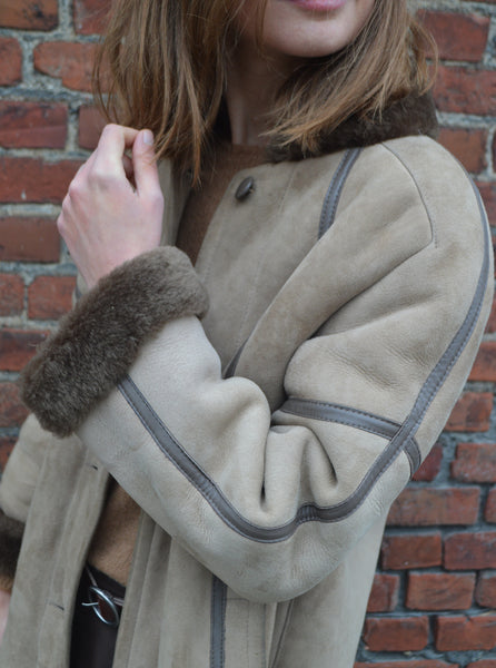 Manteau Peau Lainée Taupe Vintage