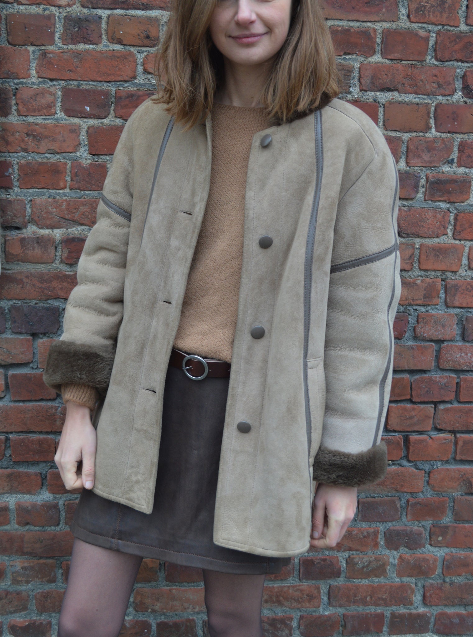 Manteau Peau Lainée Taupe Vintage